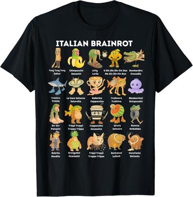 Types of Italian Brainrot Meme Character Hand Drawn for Kids T-Shirt