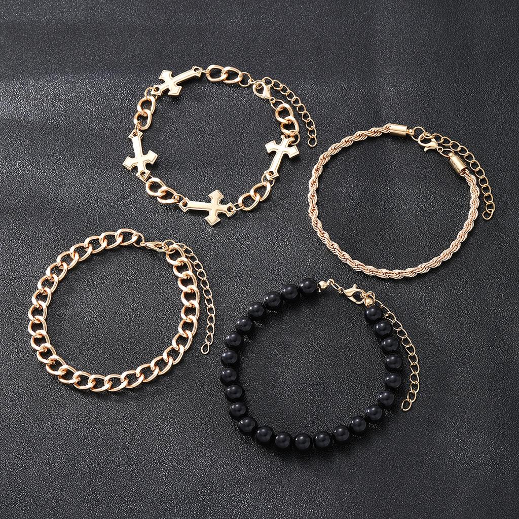 4 Pcs Stainless Steel Bracelet Set For Men Women Punk Fashion Cross Beads Chain Bracelets Simple Hip Hop Unisex Jewelry Gift