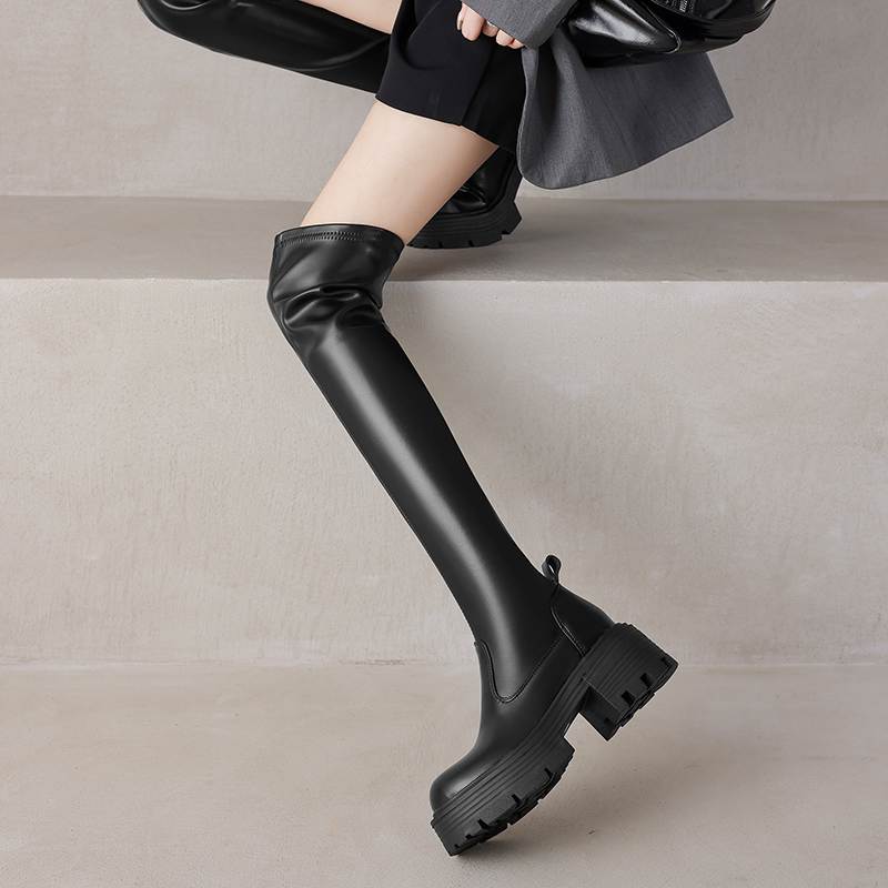 Krazing Pot Microfiber Autumn Winter Shoes Thick Bottom Flat Platform Size 43 Long Boots Zipper Over-the-knee Boots