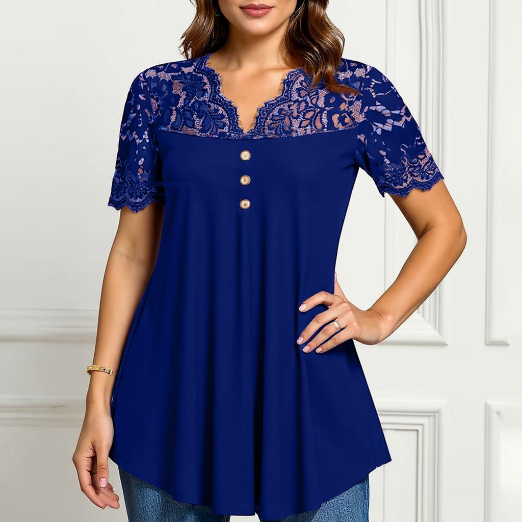 Women's Solid Color Lace V-neck Short Sleeved Casual Top