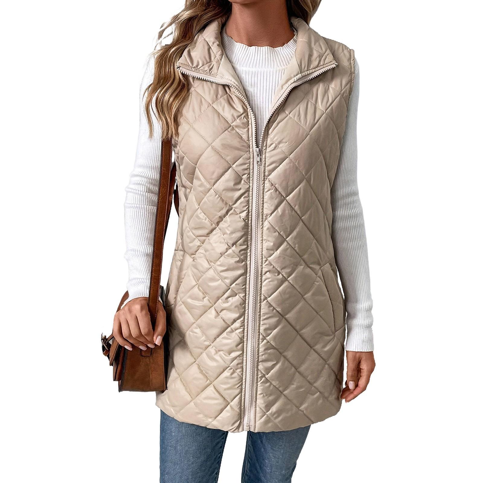 

Женская мода однотонный хлопковый жилет средней длины приталенный кардиган темперамент куртка топ XL бежевый