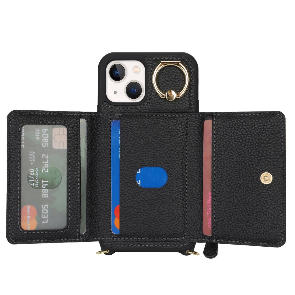 For iPhone 13 Mini Case Card Bag Zipper Pocket Leather+TPU Ring Holder Phone Cover with Long Strap