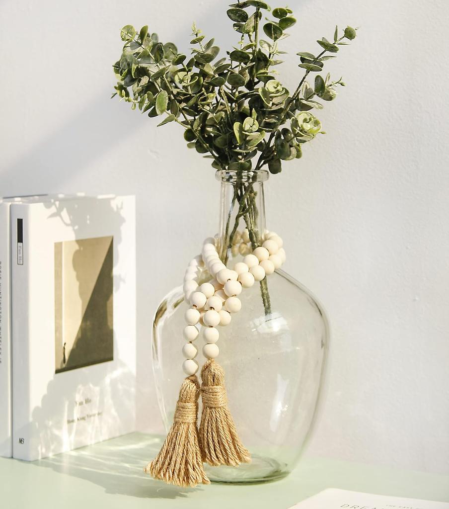 39-inch Wooden Bead Garland with Tassels, Containing 54 Beads, a Versatile Bohemian Prayer Bead for Elegant Wall Decoration (Beige)