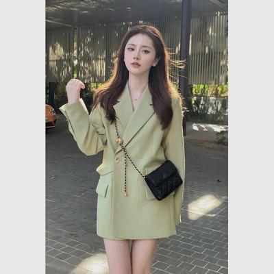 Fashion Krean Loose Green Blazer für Damen mit Gürtelknöpfen Loose Black Coat