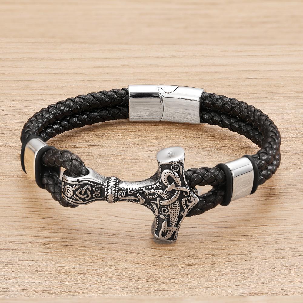 Braided Viking Jewelry Leather Cord Bracelet with Magnetic Clasp Stainless Steel Handmade