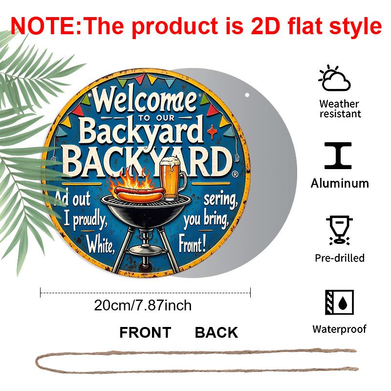 2D Flat, 1pc 7.87" Round Aluminum Sign with "Barbecue Party Beer Garden" Vintage Decorative Plaque, Yard BBQ Beer Theme Aluminum 2D Decoration Plate