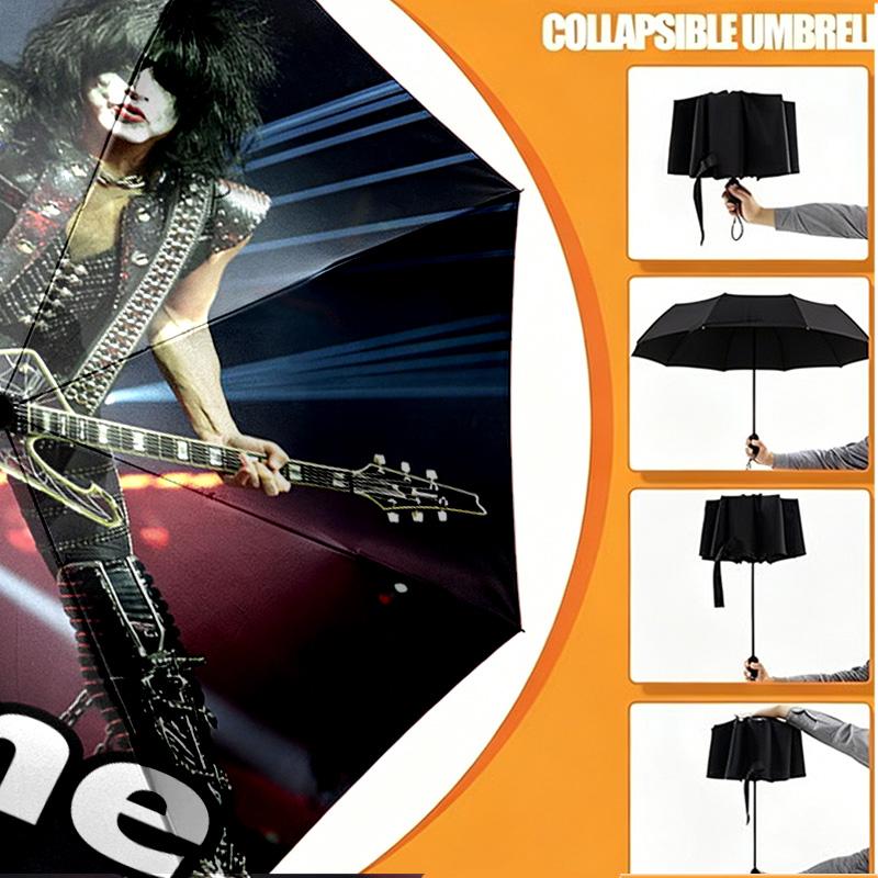 Custom Name Personalized Kiss Rock and Roll Print Umbrella, Auto Open Close, 8‑Rib Sturdy Frame, Commute Camping Hiking Use, Birthday Gift