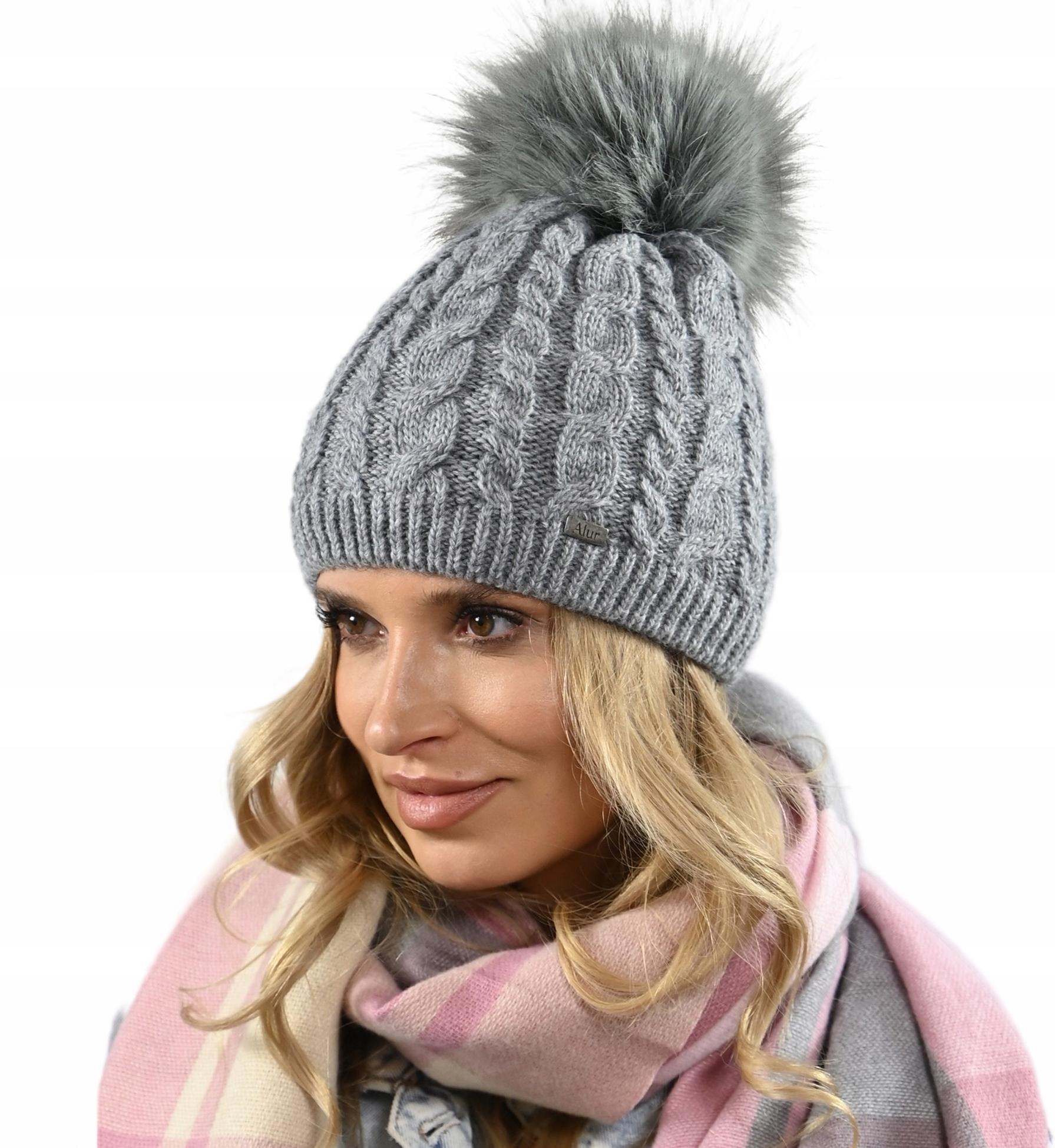 Warme Damen Wintermütze mit Bommel, Fleece-gefütterte Beanie Uni grau