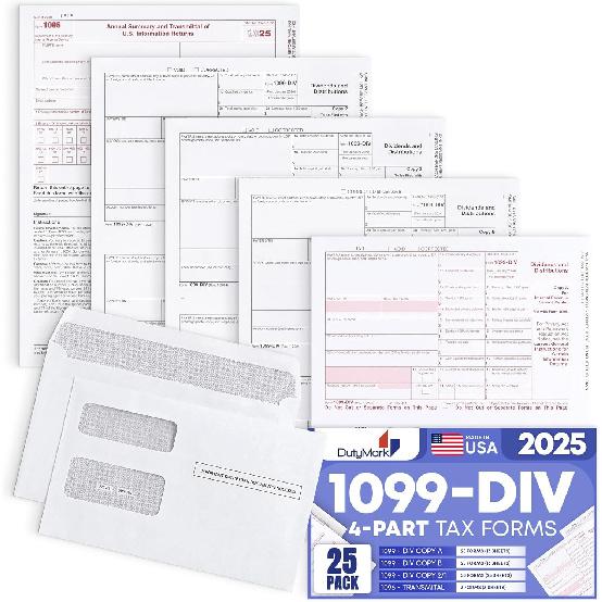 1099 DIV Forms 2025, 4 Part 25 Pack of Dividend Income and Distribution IRS Forms 2025, with Self-Seal Envelopes in Value Pack Compatible with QB and