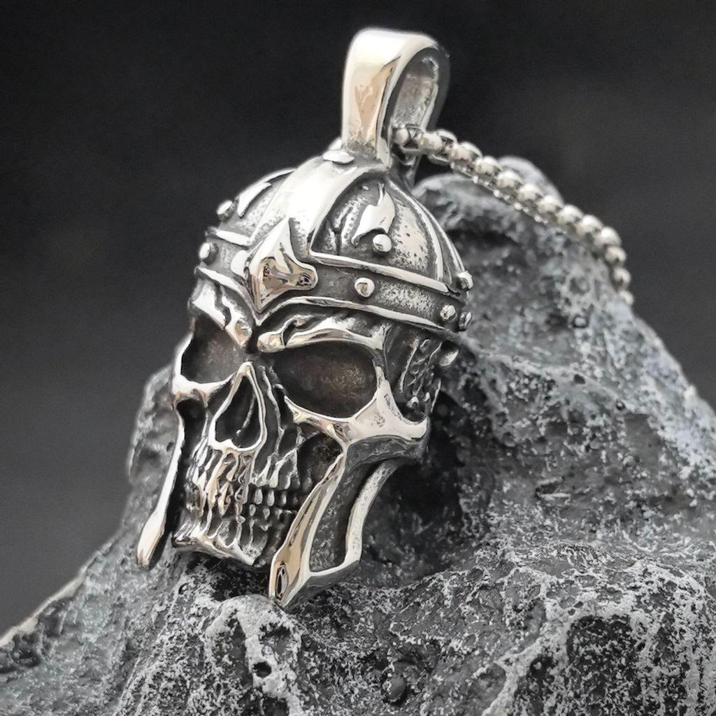 Stainless Steel Skull Pendant Viking Warrior Helmet Necklace Men's Trendy Accessories