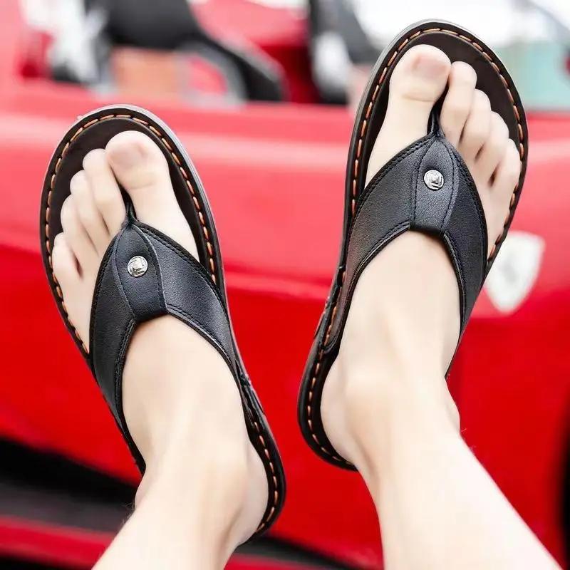 Sandals Man Flat Leather Outdoor Shoes Flip Flops Shiatsu Comfortable Low Price Y2k Elegant Adult Rubber Pvc Slippers for Men