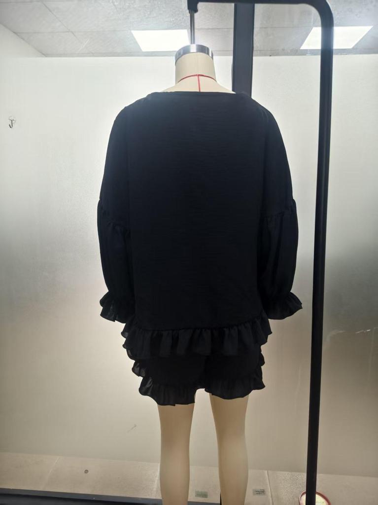 2026 Spring/Summer European & American Fashion Lantern Sleeve Top and Ruffled Shorts Two-Piece Set