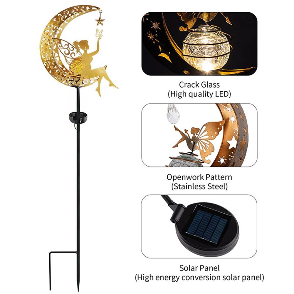 Solar Garden Statues Outdoor Decor IP65 Waterproof Moon & Fairy Solar Stake Light Moon Glass Globe with Angel Decor