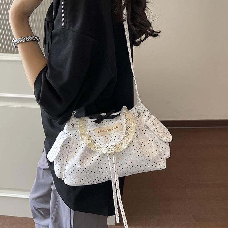 Yogodlns Lace Polka Dot Shoulder Bag Cute Drawstring Flap Crossbody Handbag Sweet Vintage Messenger Purse Daily Casual