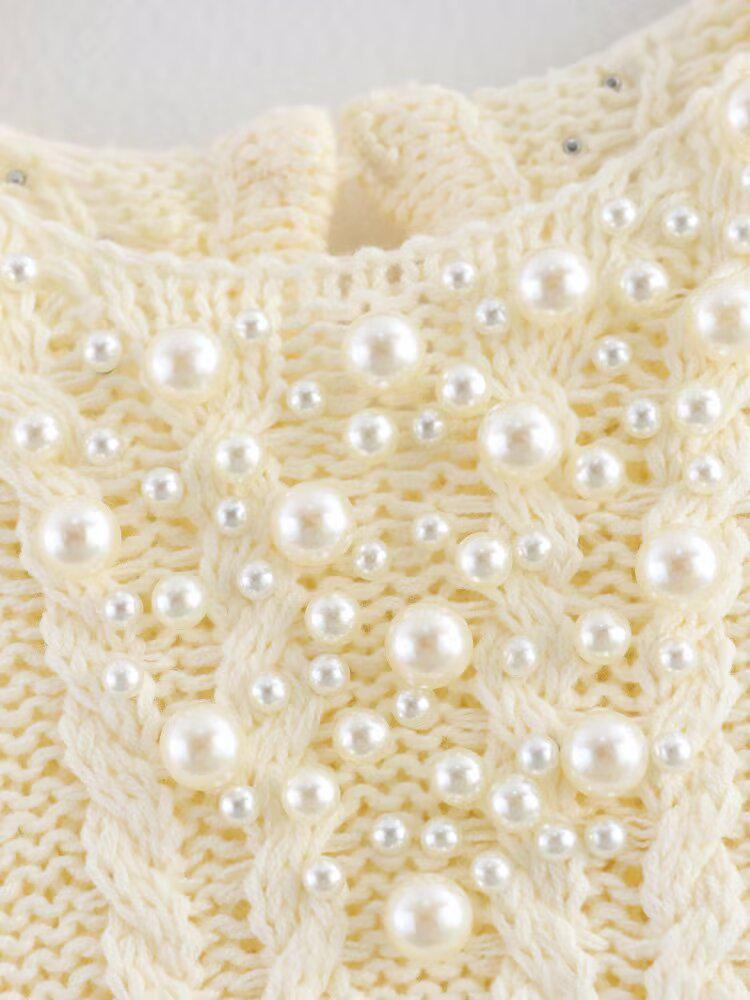 Spring 2025 Women's European & American Style Faux Pearl Round Neck Loose Knit Top