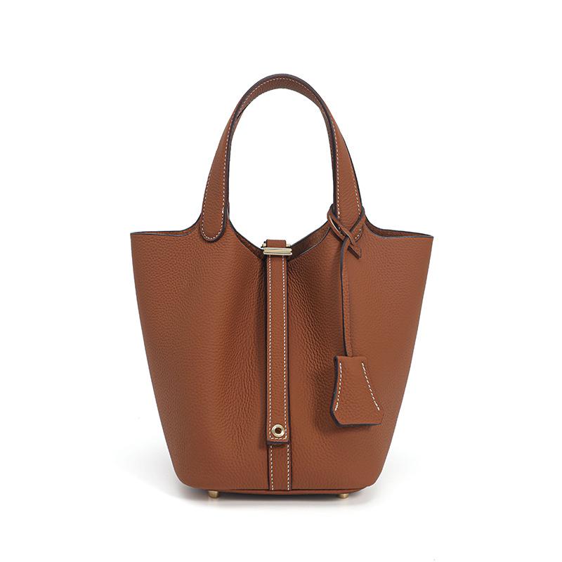 2025 Large Capacity Genuine Leather Commuter Handbag - Lychee Pattern Cowhide Bucket Bag