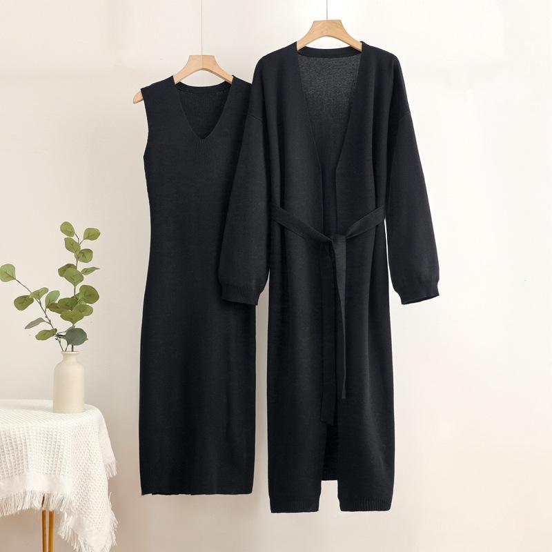 Autumn and Winter Lazy Loose Knitted Suit Women's Long Shawl Cardigan Dress Two-piece Set