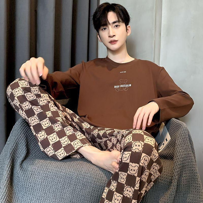 New Men's Pajamas Pure Cotton Spring Autumn Long Sleeved Sleepwear Striped Youth Winter Casual Homewear Pullover Loungewear