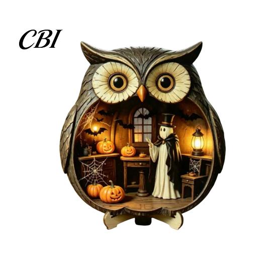 Vintage Wood Halloween Wooden Owl Tabletop Centerpiece, 2D Flat Pumpkin Ghost Bat Art Skeleton Standing Table Sign for Party, Shelf, Desk Decor Shelf