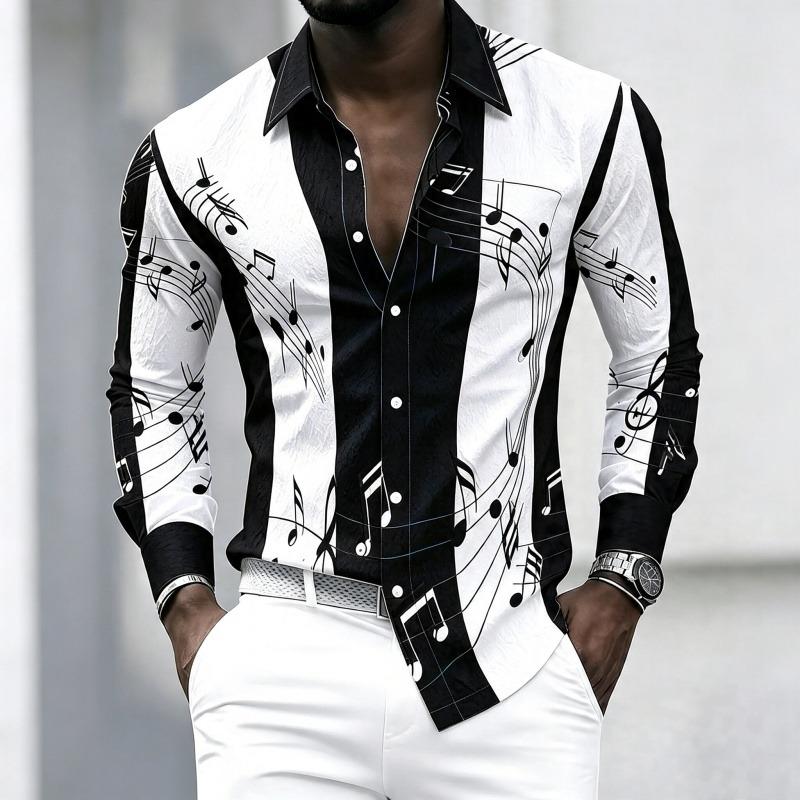 Men's Collared Shirt with Creative Musical Note Print, Trendy Long-sleeved Casual Top for Everyday Wear