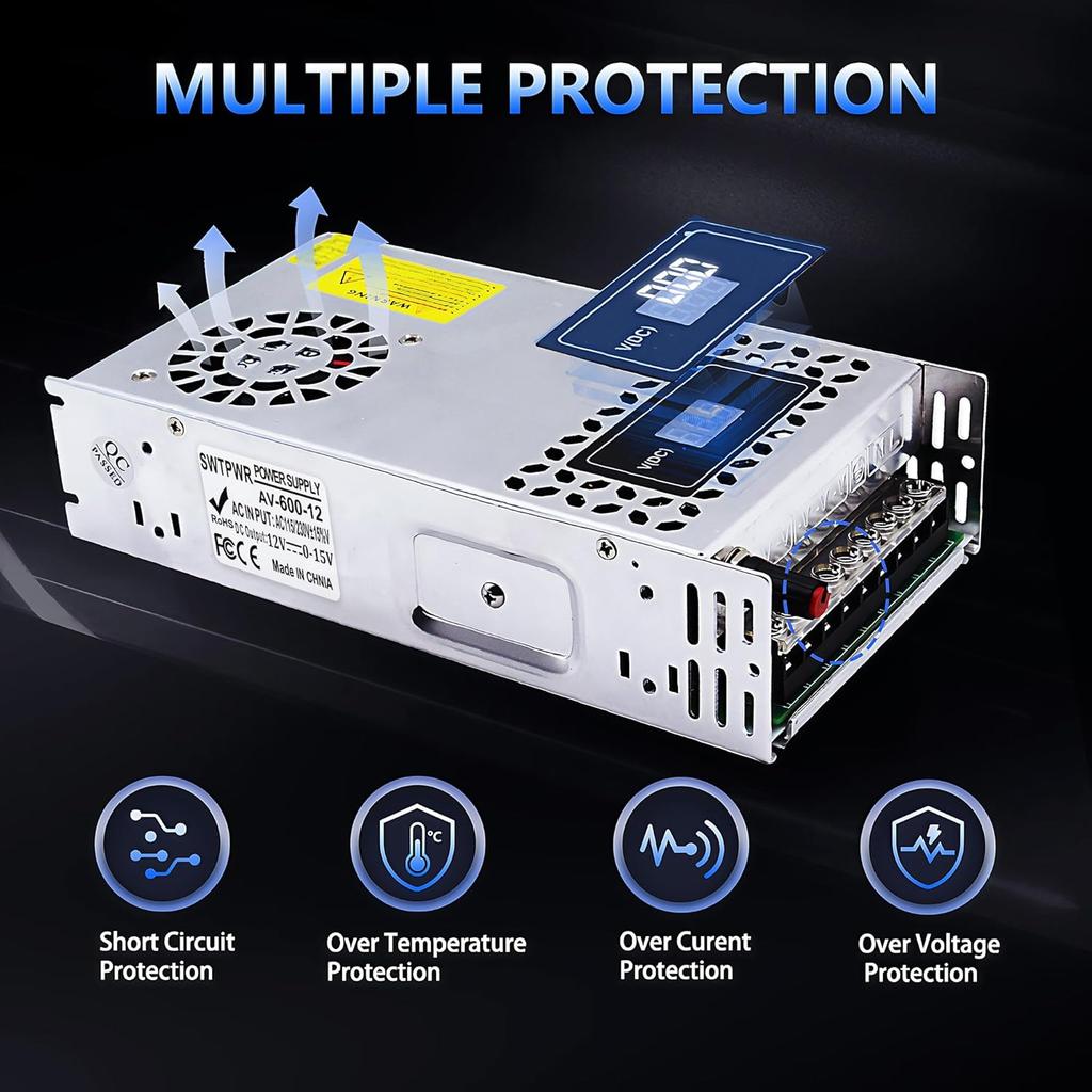 12V 600W Adjustable DC Power Supply 0-12V with LED Display for LED, Car Stereo, Electronics