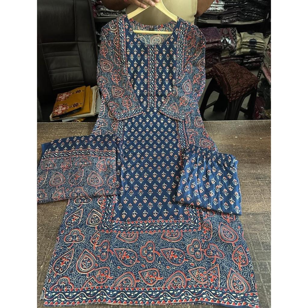 Heavy Cotton Women's Kurti Pant Dupatta Set Indian Designer Top Tunic Kurta Set