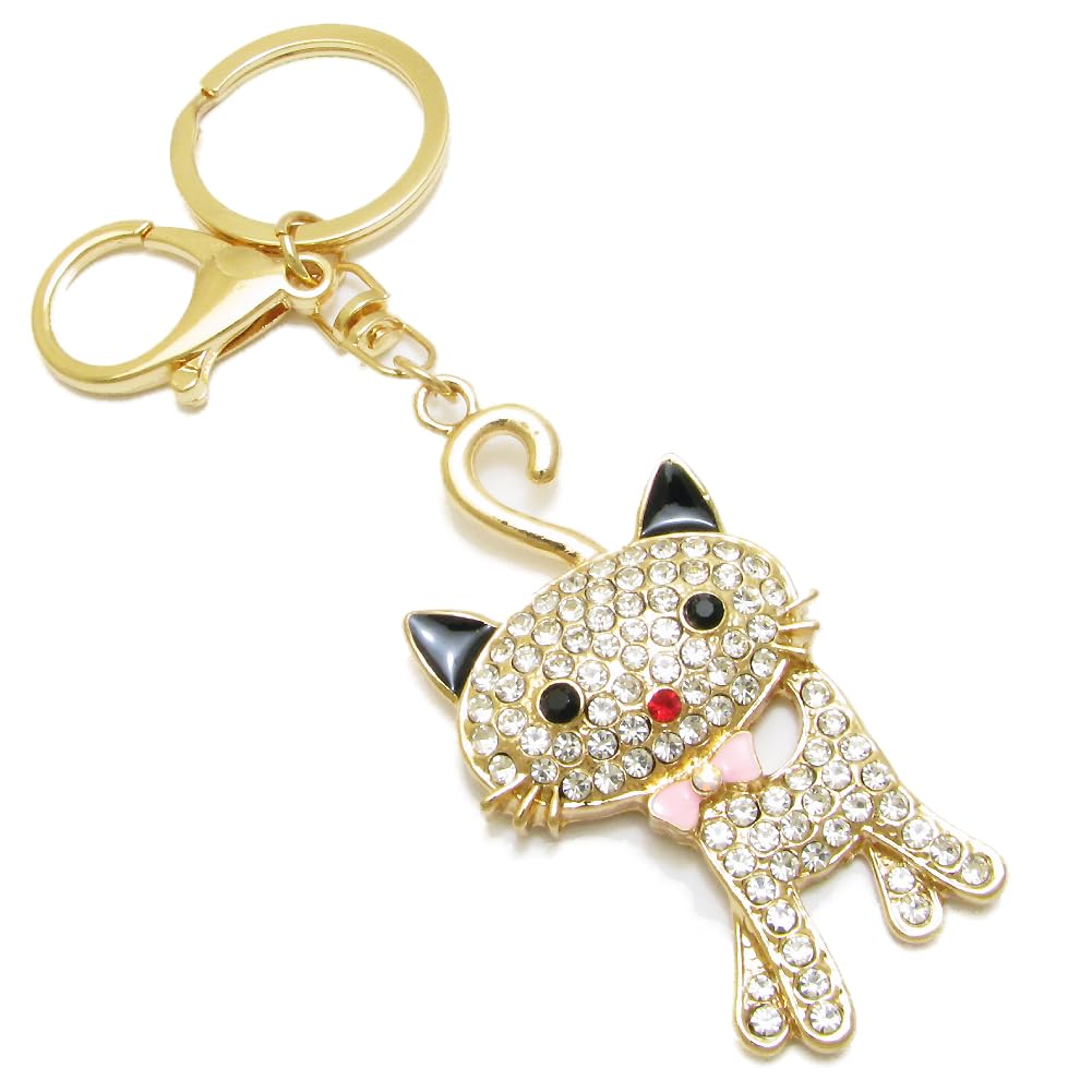 Large Cat Keychain Bag Charm with Rhinestones and Ribbon for Women CHS10142