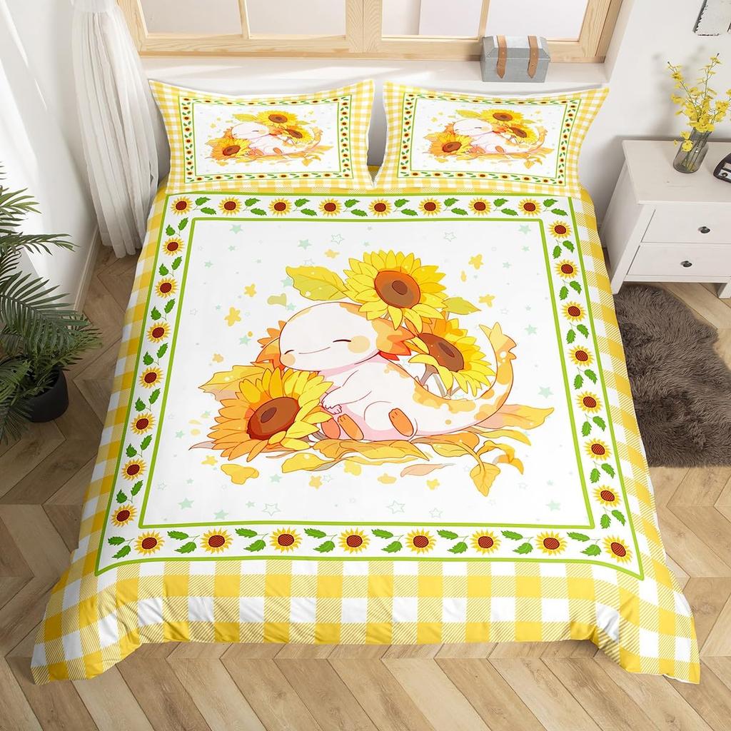 Cartoon Axolotl Bettbezug Queen Size, Sonnenblumen Bettwäscheset Niedliches Tier Botanisch Bettdeckenbezug Aquarell Gelb Steppdeckenbezug