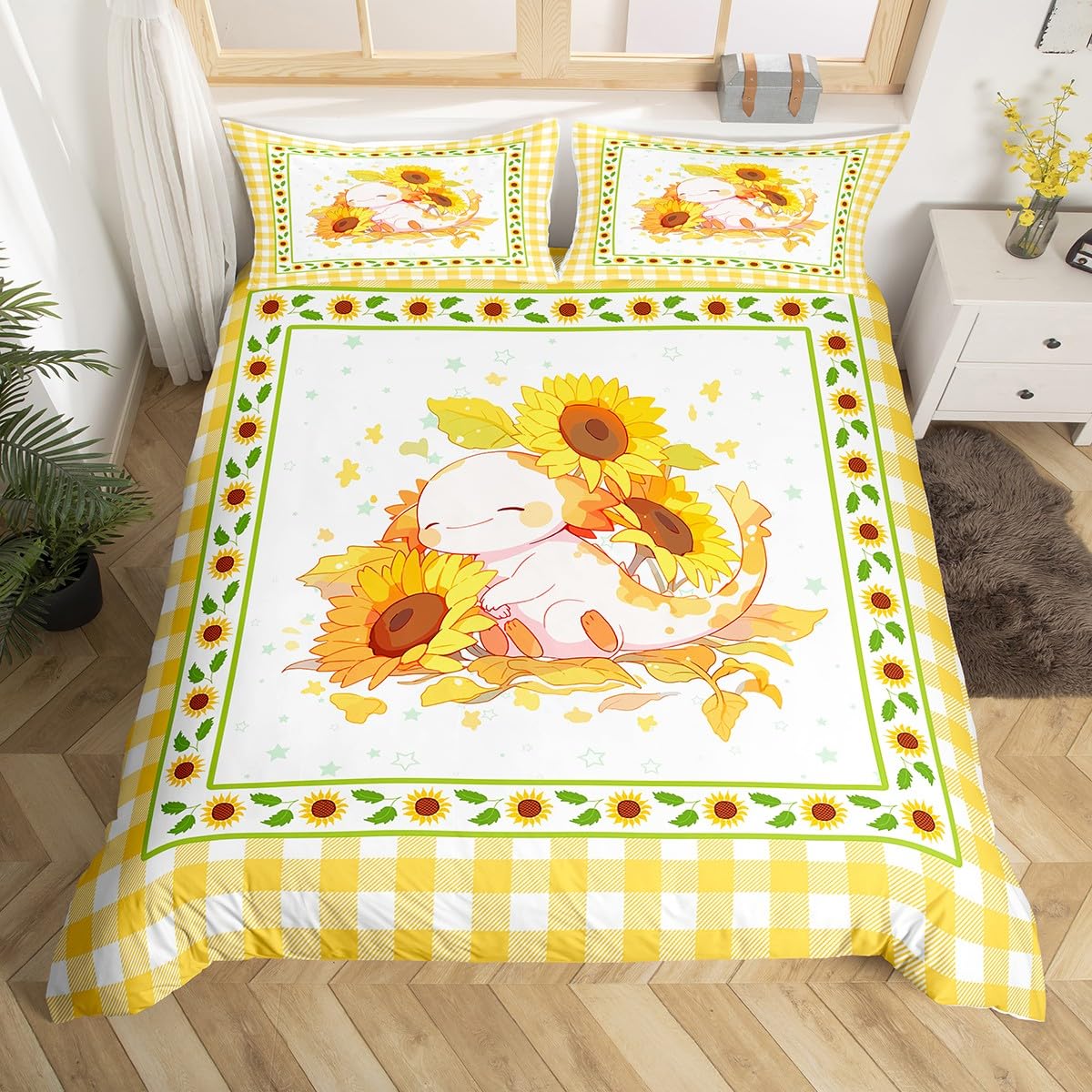 

Пододеяльник с изображением мультяшного аксолотля размера Queen, комплект постельного белья с изображением подсолнуха, милый цветочный узор, покрывало с изображением животных, акварельное желтое одеяло EU Single(135x200cm)