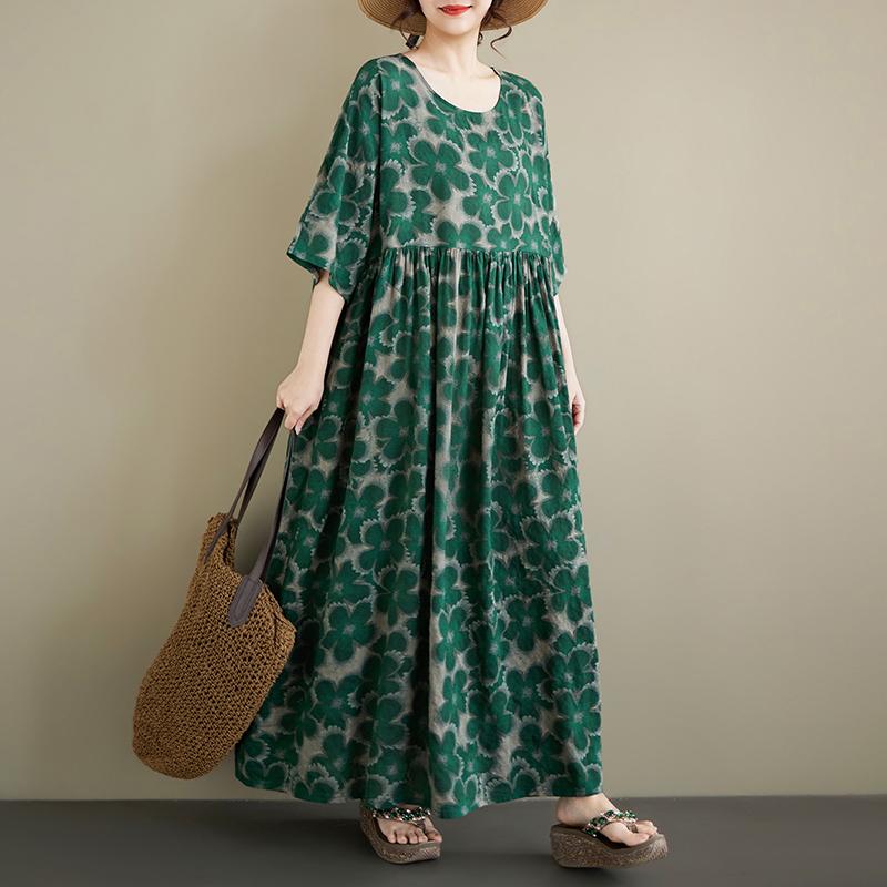 DIMANAF New 2026 Summer Women Plus Size Vintage Lady Long Dress Loose Oversize Maxi Floral Print Cotton Beach Dresses