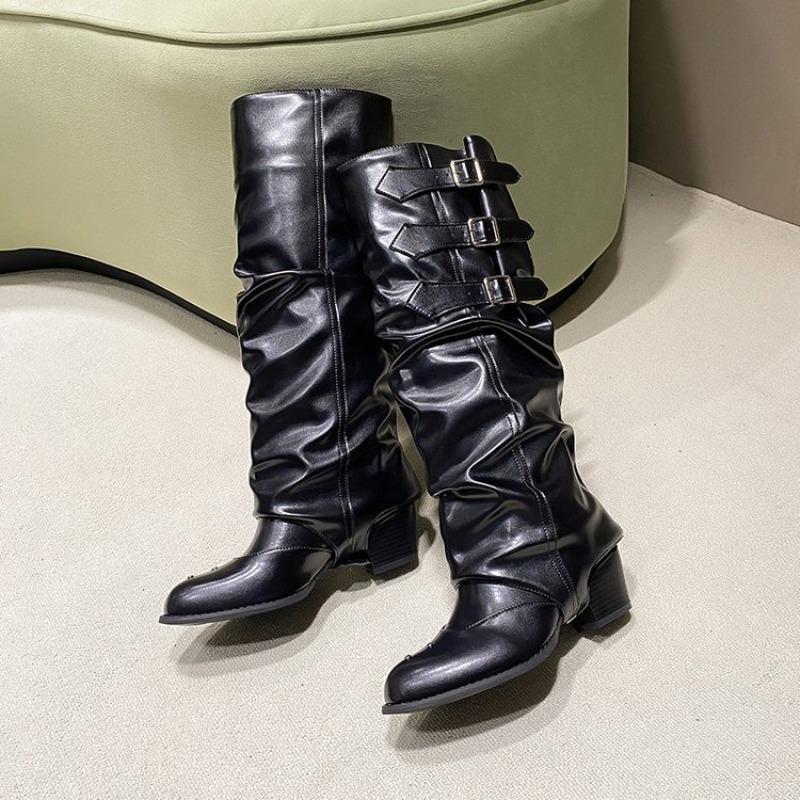 New Women's Shoes: Pointed-toe Boots, Retro and Versatile Belt-buckle Knight Boots