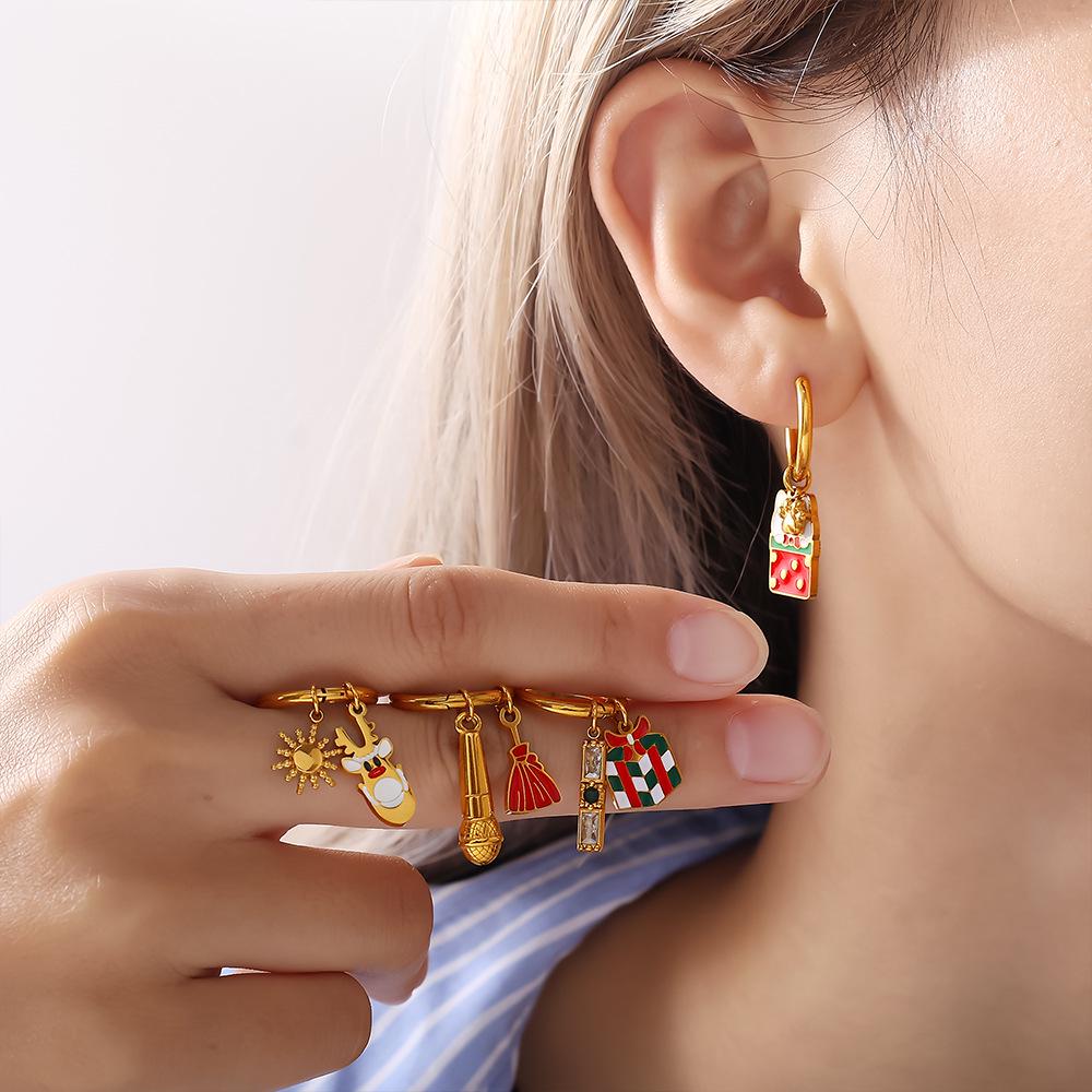 Stainless Steel Cartoon Christmas Tree & Elk Ear Cuff Earrings