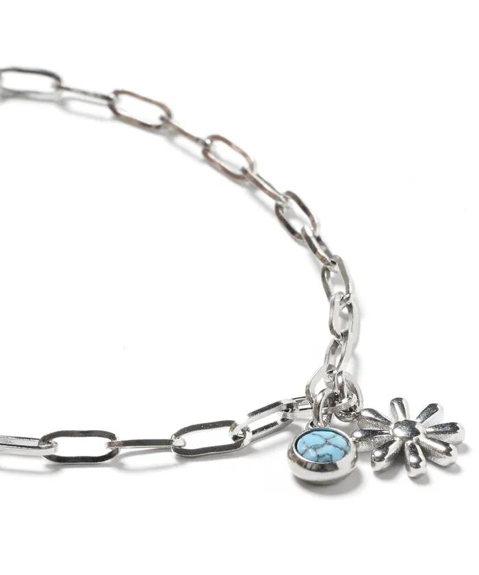 Surgical Chain Turquoise Flower Charm Bracelet (PLT-BR-010_SV)