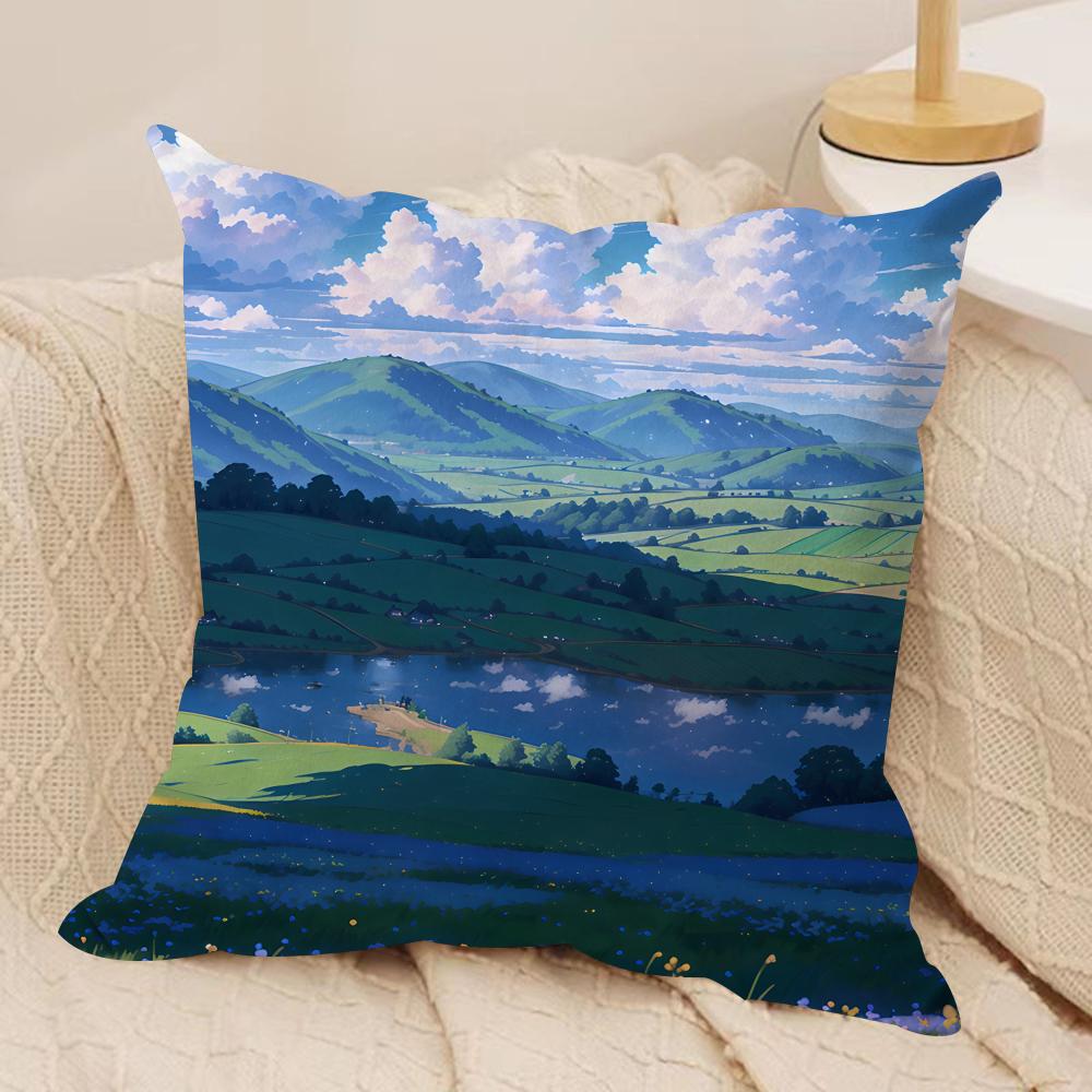 Anime Scenery Design Cushion Cover Silky Short Plush Invisible Zipper Dustproof Sofa Pillow Case for Home Decor