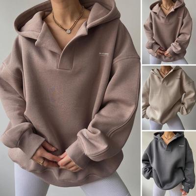 Sonbahar Kış Kadın Hoodies V Yaka Uzun Kollu Kazak Üstleri Moda Düz Renk Kapşonlu Spor Ceket Rahat Gevşek Kazak Kadın streetwear