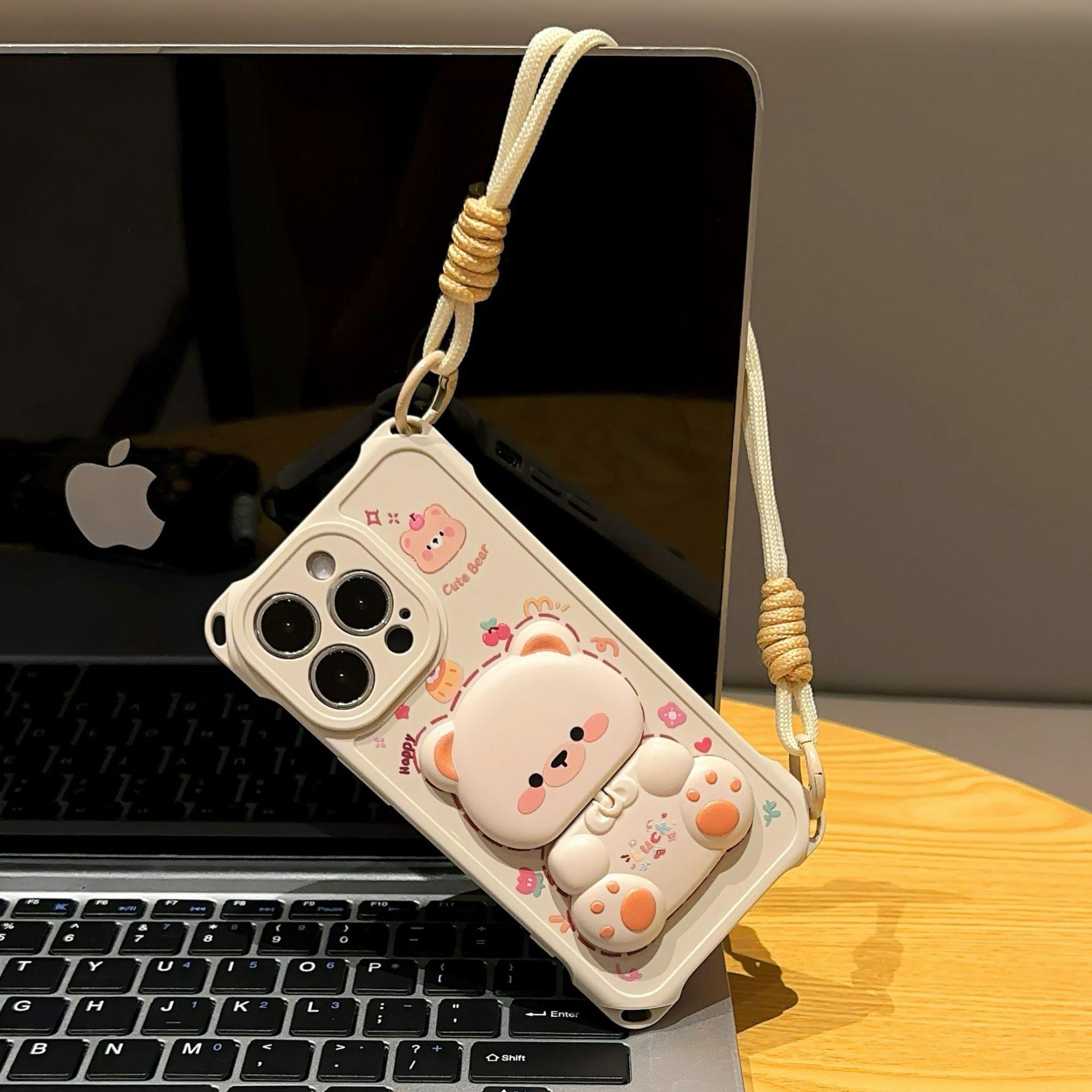 Cute bear is suitable for Apple 16 mobile phone case, Apple 16ProMax couple model with lanyard. apple 16e