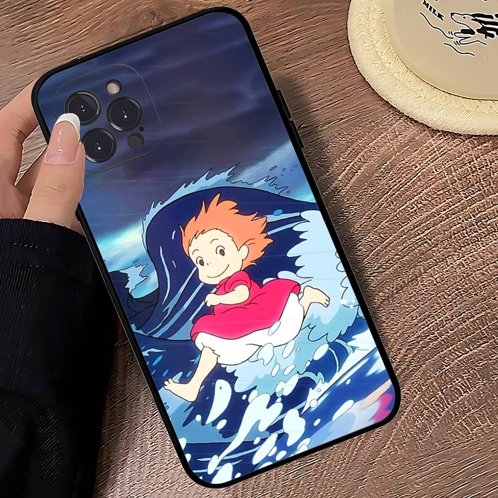 

Cute P-Ponyo Movie On The Cliff Phone Case For Iphone 16 15 17 13 14 12 11 Pro Max Plus Black Shell Cover Case iPhone 12 pro