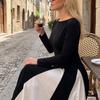 Women's European Color-Block Long-Sleeve Dress with Waist-Cinching and Elegant Long Skirt