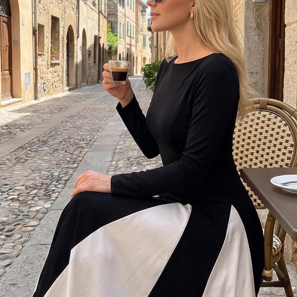 Women's European Color-Block Long-Sleeve Dress with Waist-Cinching and Elegant Long Skirt