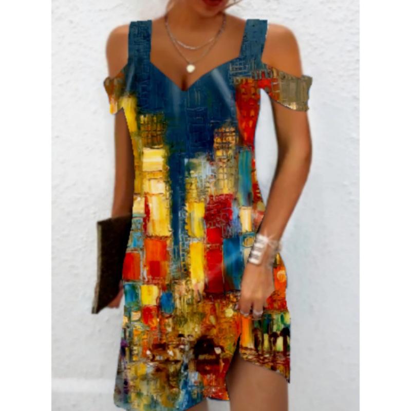 

Женская мода Лето-Весна с принтом с коротким рукавом и v-образным вырезом с высокой талией повседневные платья S