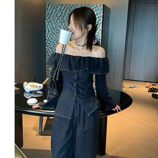 

2026 Korean Slimming One-Shoulder Denim Top & Ruffled Wide-Leg Pants Set for Women XL (115-130 jin)