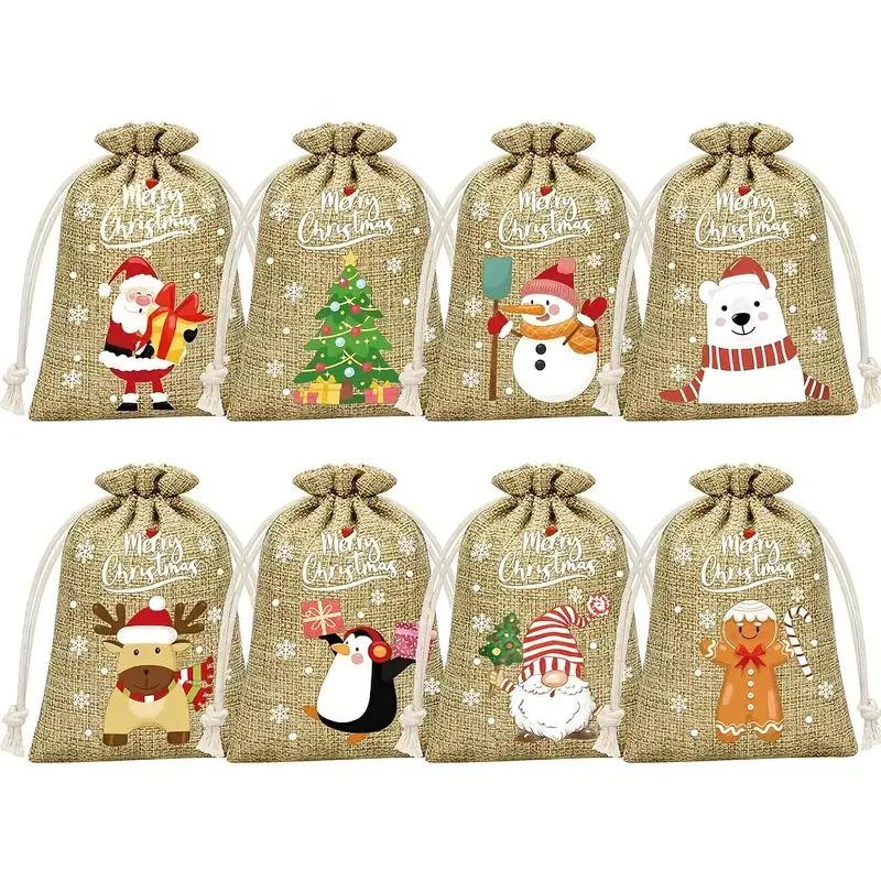 6/8pcs Small Jute Bags with Santa, Reindeer, Snowman & Christmas Tree Designs for Gift Wrapping, Christmas Decorations