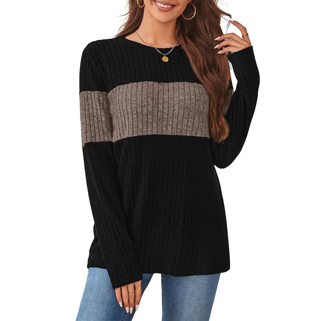 Women's Sweater Fashion Ribbed Color Block Top Long Sleeve Round Neck T-shirt