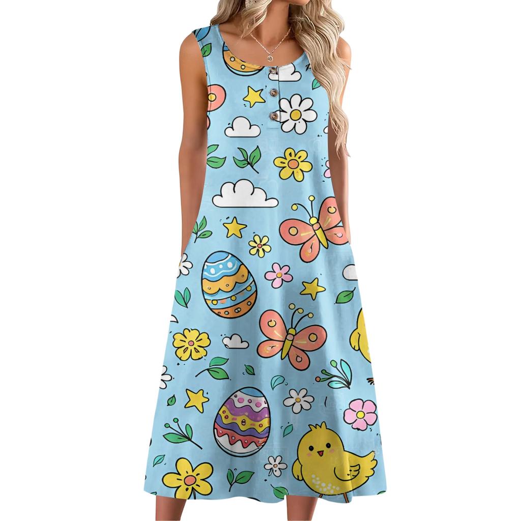 Women Fashion Casual Sleeveless Button Easter Print Dress With Pocket