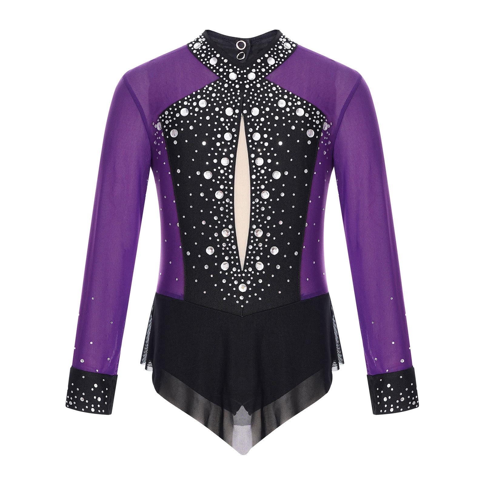 

Девочки Сверкающий Стразами Купальник Цветной Блок Прозрачная Сетка Пэчворк Юбка Боди для Танцев Фигурного Катания Художественной Гимнастики Выступления 5-6 Years фиолетовый