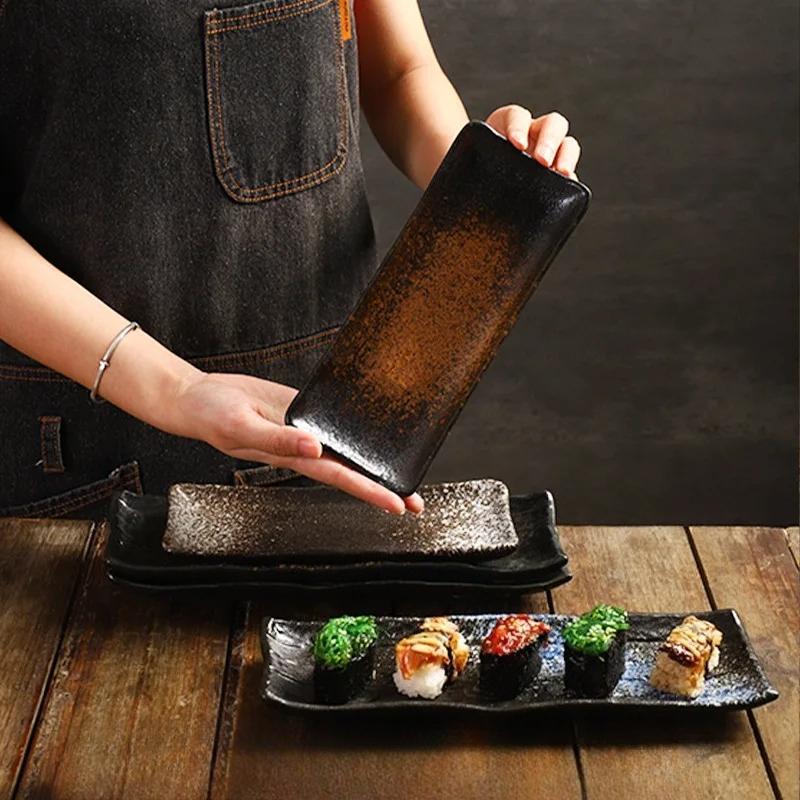 Japanese Style Ceramic Sushi Serving Plate 8-inch Rectangular Dish for Creative Desserts and Home Dining Tableware