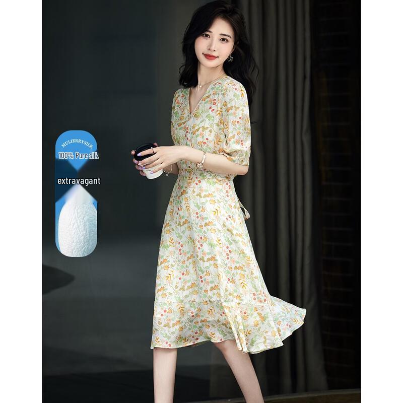 Gentle Sunset Floral Mulberry Silk V-Neck Dress