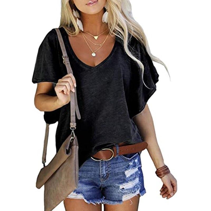 2024 neue Sommer Damen Tops V-Ausschnitt Baumwolle Solidcolor Kurzarm Casual Loose Pius Size Femmel T-Shirt