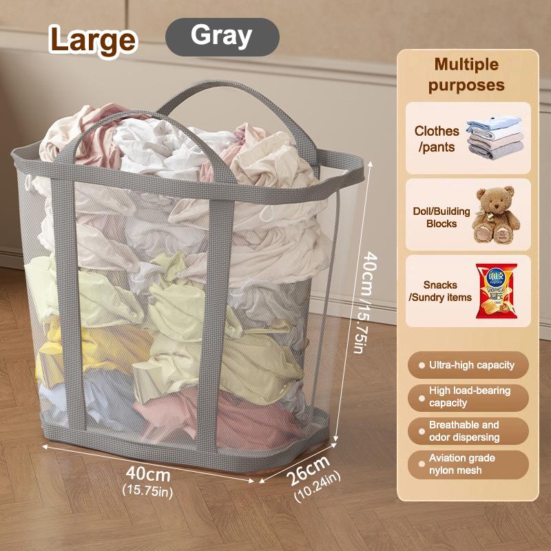 Nylon Mesh Laundry Basket With Handle Breathable Folding Portable Dirty Clothes Organizer Bags Large Capacity Toys Storage Bag