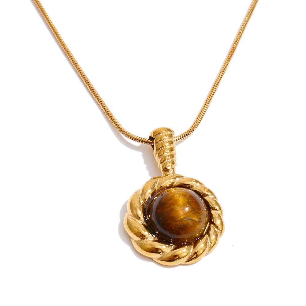 

Yhpup Natural Tiger Stone Imitation Pearl Round Pendant Necklace 18K Golden Plated Stainless Steel Fashion Collar Jewelry